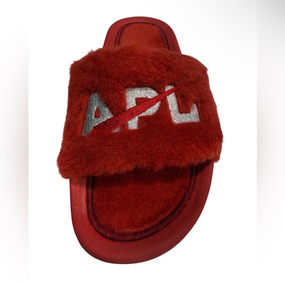 NEW APL Red Shearling Fur Silver Logo Slides Size 6 - Picture 7 of 11